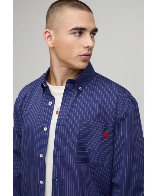 BoohooMAN Oversized Long Sleeve Striped Curved Hem Shirt in Blue für Herren