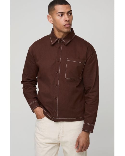 BoohooMAN Brown Regular Fit Contrast Stitch Twill Overshirt for men