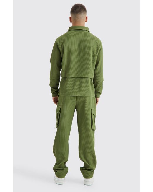 BoohooMAN Green Pleated Zip Shirt & Elasticated Straight Cargo Set for men