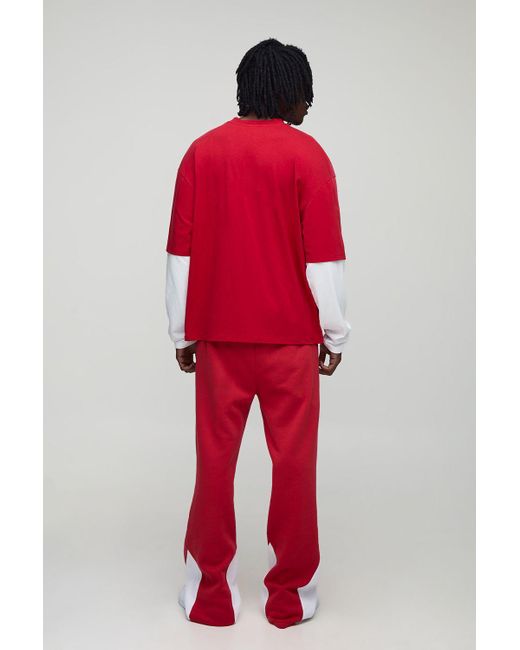 BoohooMAN Red Tall Oversized Boxy Embossed Washed Faux Layer T-Shirt & Relaxed Jogger Set for men