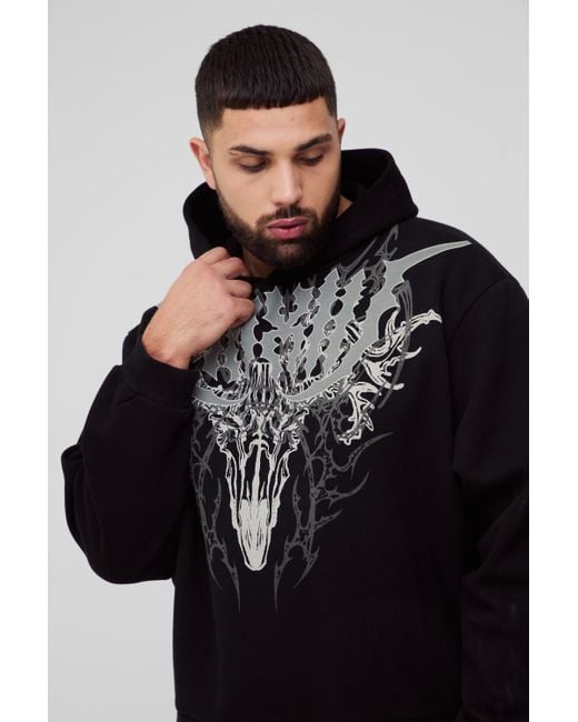 BoohooMAN Black Plus Oversized Boxy Gothic Large Scale Print Hoodie for men