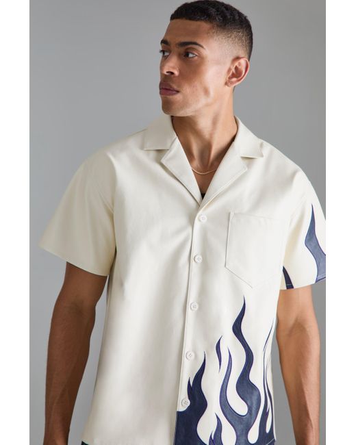 BoohooMAN White Short Sleeve Boxy Pu Flame Shirt for men