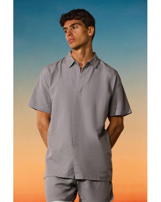 BoohooMAN Gray Oversized Linen Concealed Placket Shirt for men