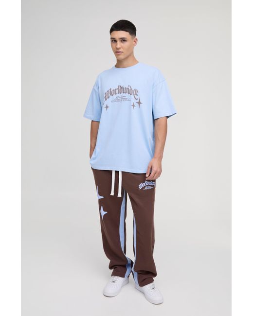 BoohooMAN Blue Oversized Worldwide T-shirt & Gusset Jogger Set for men