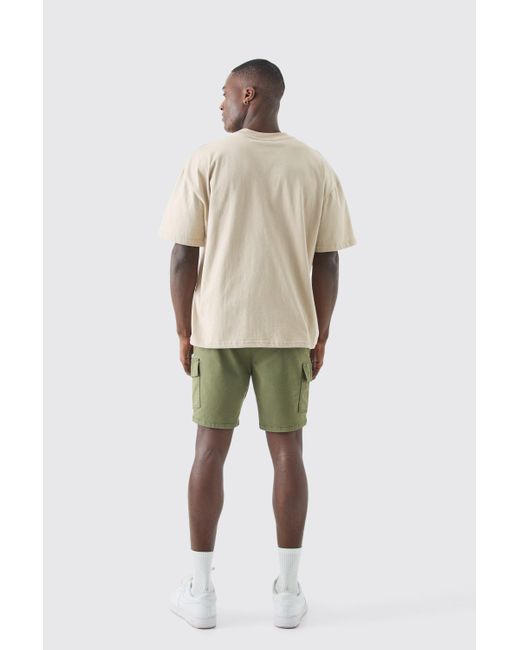 Boohoo Green Skinny Fit Elasticated Waist Cargo Shorts In Khaki