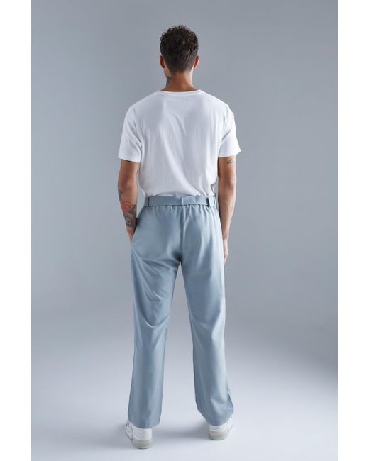 BoohooMAN Blue Elasticated Straight Belted 4 Way Stretch Trousers for men