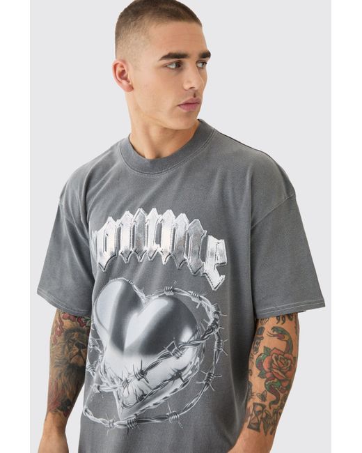 BoohooMAN Oversized Washed Gothic Heart Graphic T-shirt in Gray für Herren