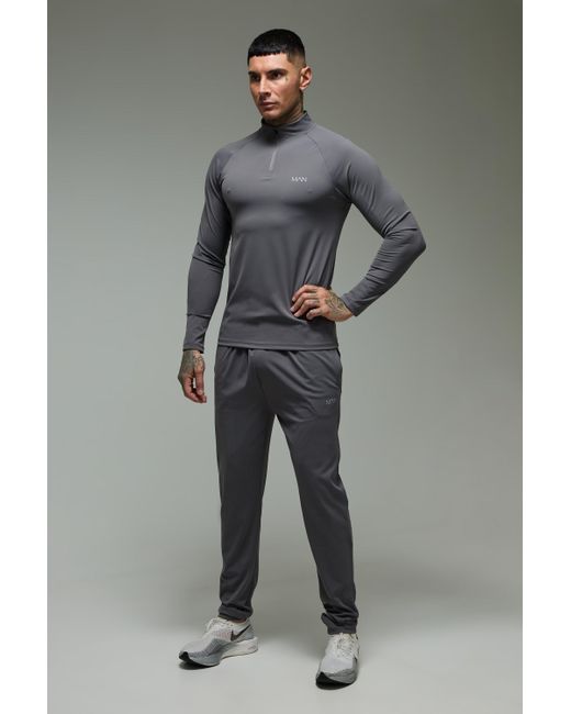 BoohooMAN Gray Tall Active Muscle Fit 1/4 Zip Tracksuit for men