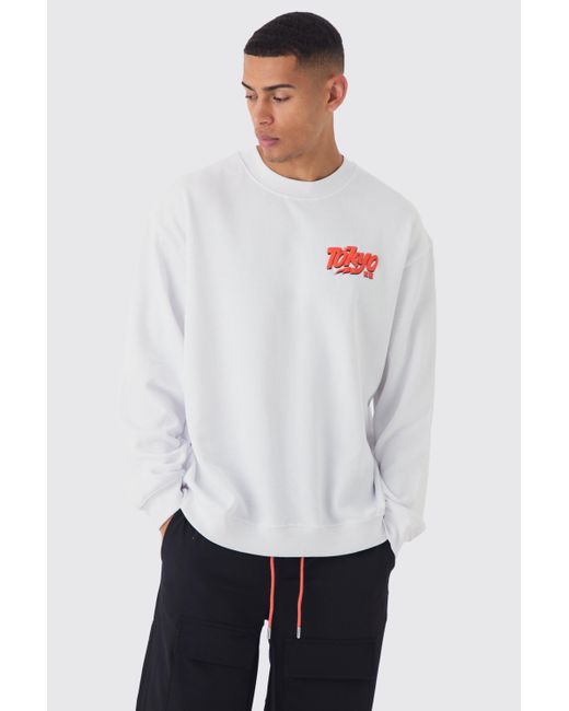 BoohooMAN White Oversized Extended Neck Tokyo Puff Print Sweatshirt for men