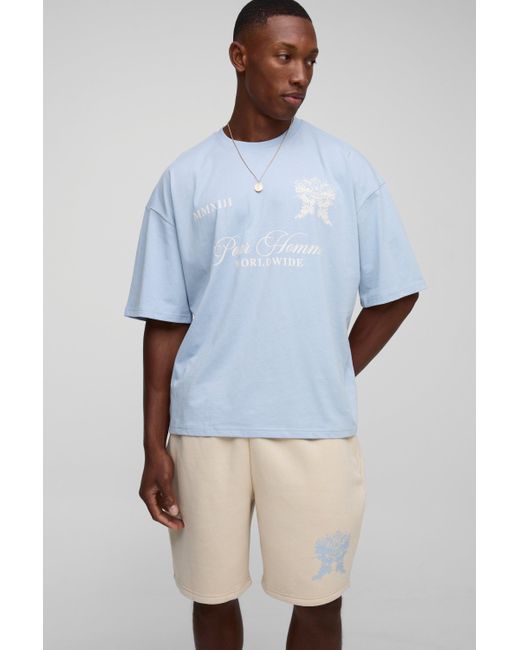 BoohooMAN Blue Oversized Boxy Homme Embroidered T-shirt & Short Set for men