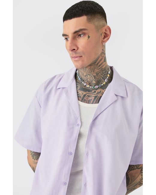 BoohooMAN Purple Tall Oversized Linen Drop Revere Shirt & Short Set In Lilac for men