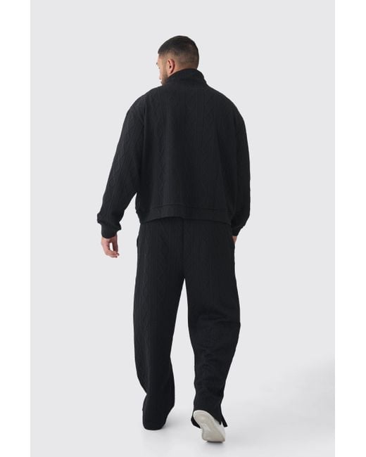 BoohooMAN Black Plus Cable Knit Look Split Hem Relaxed Fit Sweatpants for men