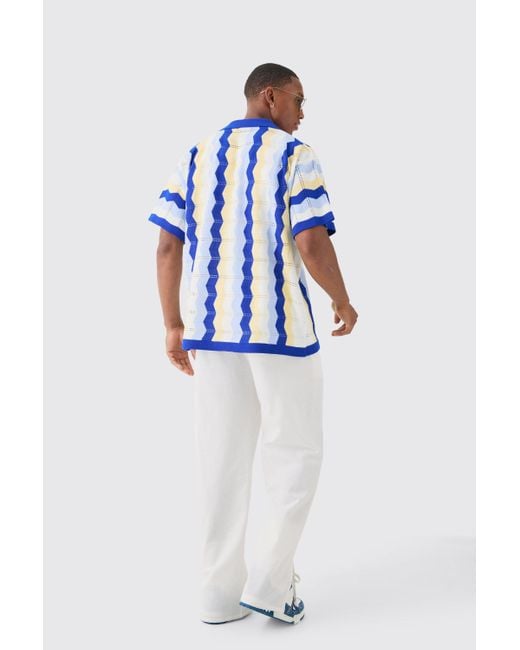 BoohooMAN Oversized Boxy Revere Open Knit Stripe Shirt In Blue for men