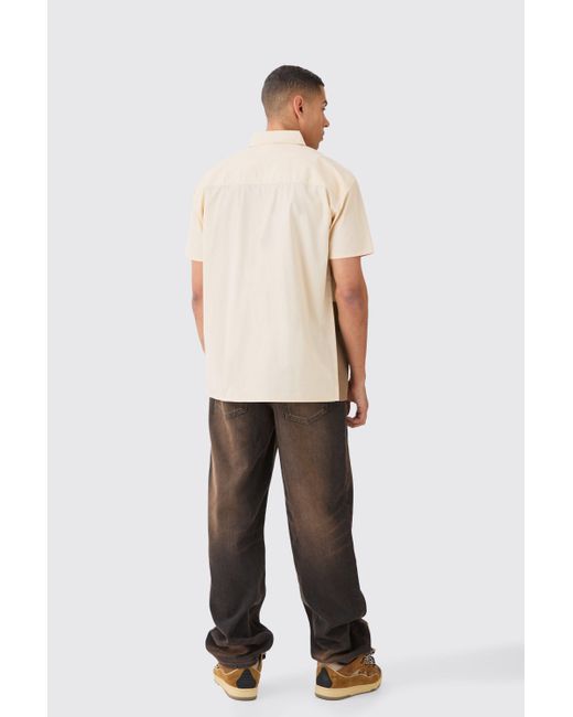 BoohooMAN Short Sleeve Oversized Poplin Shapes Applique Shirt in Natural für Herren