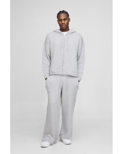 BoohooMAN Gray Oversized Boxy Fluffy Zip Through Knitted Hooded Tracksuit for men