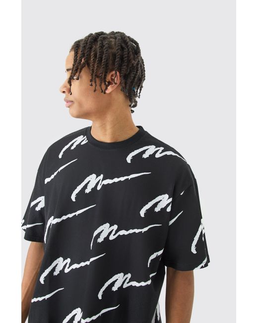 BoohooMAN Black Man Signature All Over Print Oversized T-shirt for men