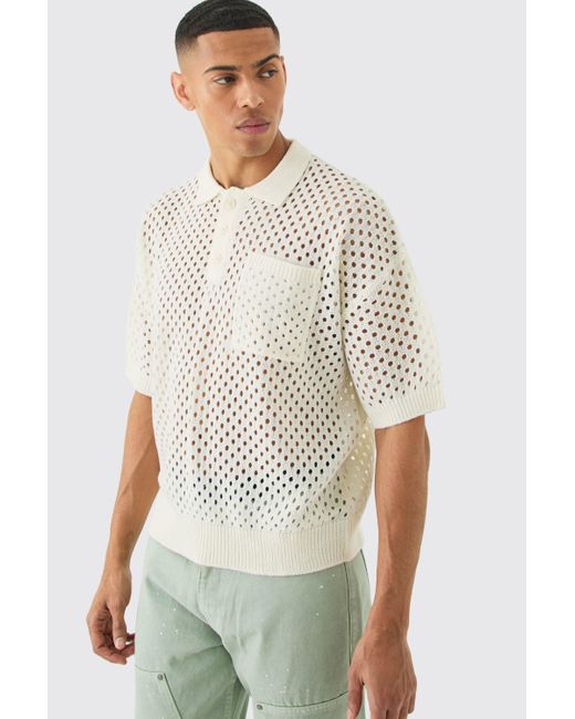 BoohooMAN White Boxy Crochet Dropped Shoulder V Neck Polo In Ecru for men
