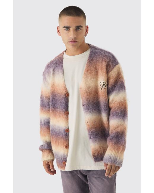 BoohooMAN Multicolor Oversized Boxy Ofcl Brushed Ombre Stripe Knitted Embroidered Cardigan for men