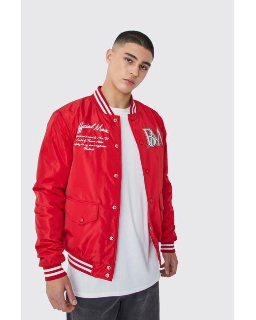 BoohooMAN Red Nylon Varsity Jacket With Badges for men