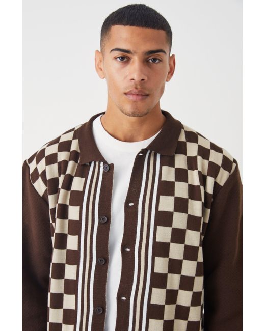 BoohooMAN Brown Oversized Long Sleeve Checkerboard Knit Shirt for men