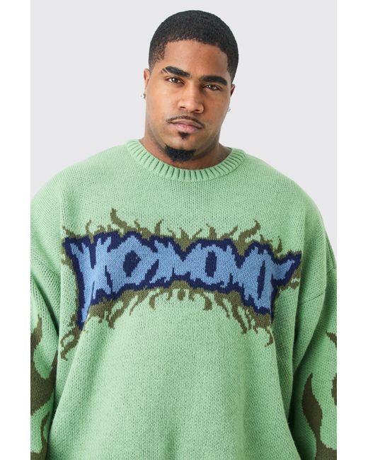 BoohooMAN Plus Oversized Knitted Homme Drop Shoulder Jumper In Green for men