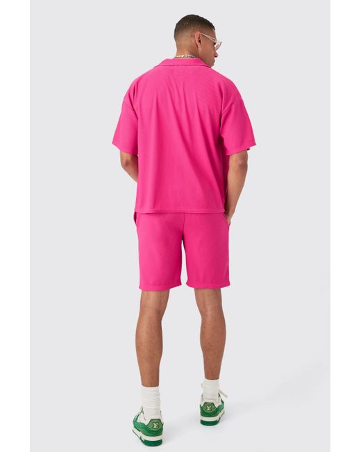 BoohooMAN Short Sleeve Ribbed Boxy Shirt & Short in Pink für Herren