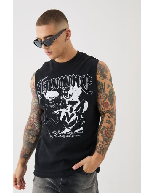 BoohooMAN Black Gothic Renaissance Homme Waffle Printed Tank for men