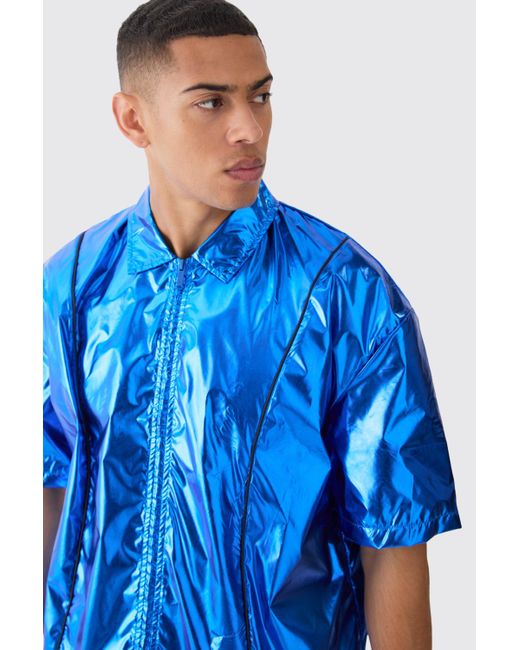 BoohooMAN Oversized Boxy Shirt And Short Metallic Set in Blue für Herren