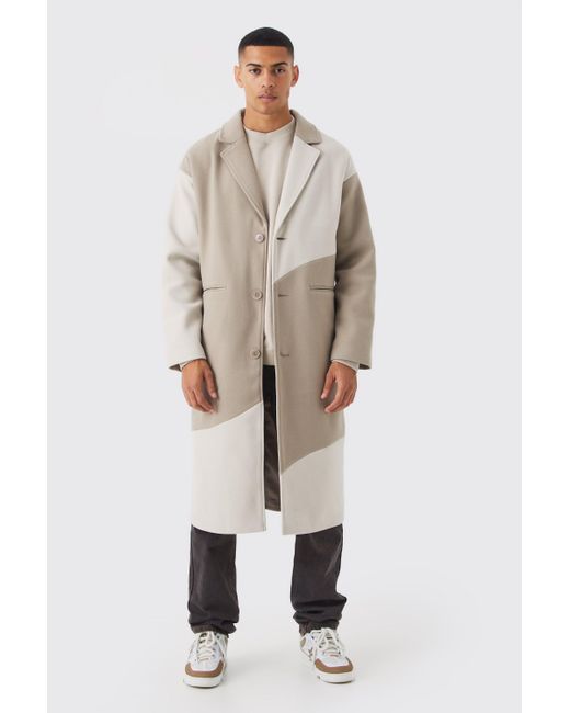 BoohooMAN Natural Colour Block Melton Overcoat for men
