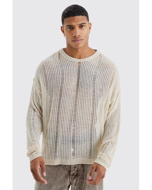 BoohooMAN Gray Oversized Boxy Open Knit Laddered Jumper for men