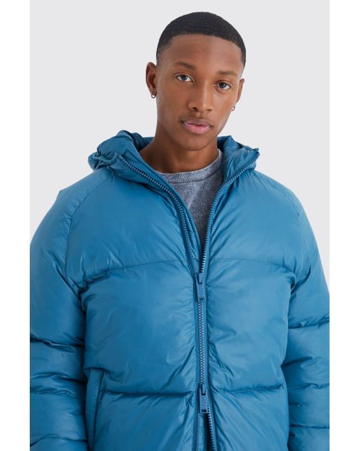 BoohooMAN Blue Sheen Quilted Nylon Puffer With Hood for men