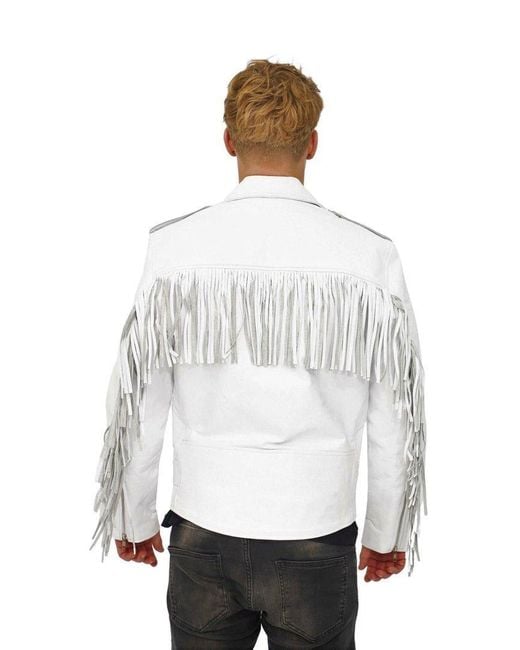 BoohooMAN White Infinity Leather Fringe Hide Leather Biker Jacket- Tokyo for men