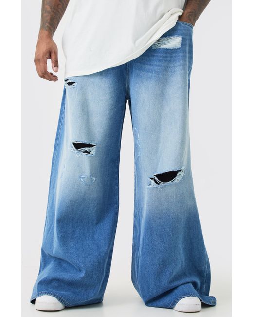 BoohooMAN Blue Plus Extreme Baggy Frayed Self Fabric Applique Jeans for men