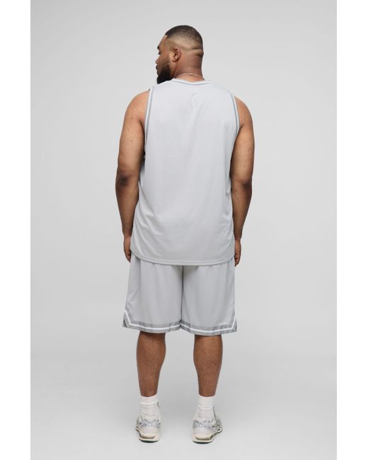 BoohooMAN Gray Plus Bm Embroidered Oversized Tank & Basketball Short Set for men