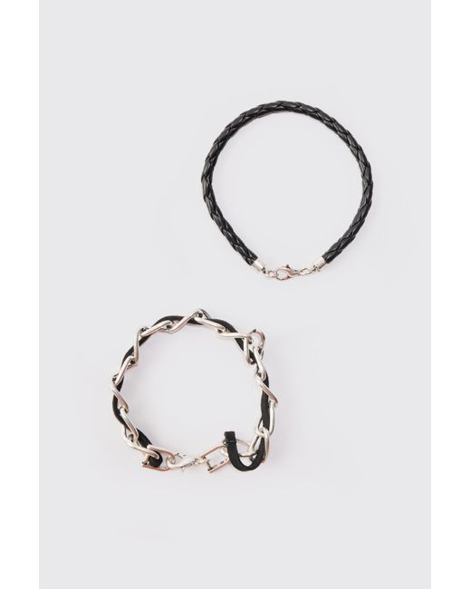 BoohooMAN Black 2 Pack Rope And Chain Bracelets for men