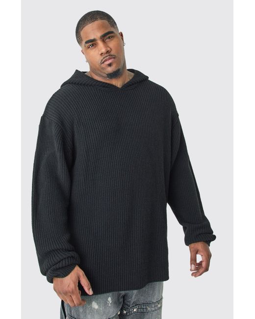 BoohooMAN Blue Plus Boxy Oversized Knitted Hoodie In Black for men