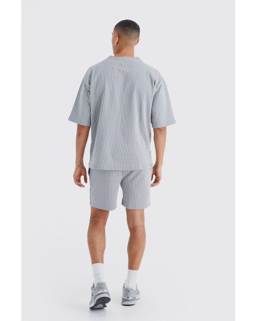 BoohooMAN Blue Oversized Pinstripe Baseball Polo & Short Set for men