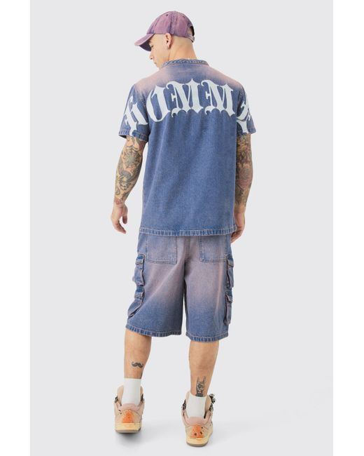 BoohooMAN Blue Embroidered Denim Cargo Jorts In Pink for men