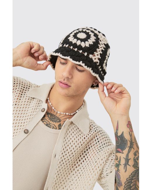 BoohooMAN Crochet Bucket Hat In Black for men