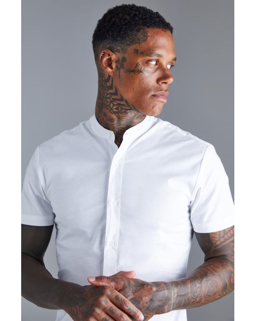 BoohooMAN White Short Sleeve Grandad Stretch Shirt for men