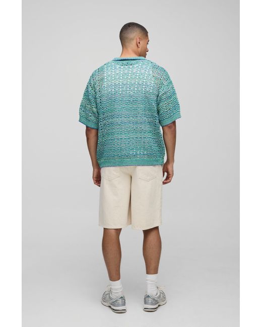 BoohooMAN Blue Boxy Revere Ombre Texture Knitted Shirt for men