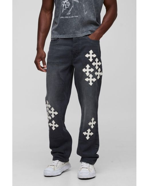 BoohooMAN Men's Black Straight Fit Cross Applique Carpenter Jeans