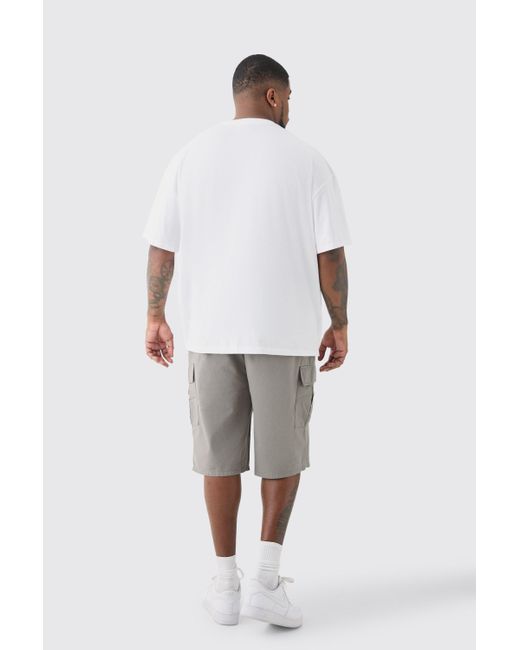 BoohooMAN Plus Elastic Waist Grey Relaxed Fit Longer Length Cargo Shorts in Gray für Herren