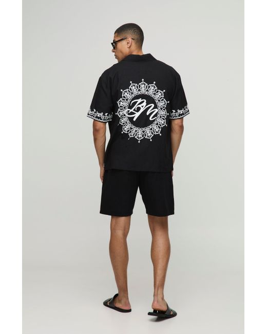 BoohooMAN Oversize Hemd aus Leinenmischung mit Print in Black für Herren