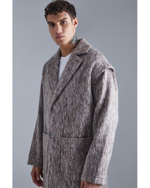 BoohooMAN Gray Longline Brushed Wool Look Belted Overcoat for men
