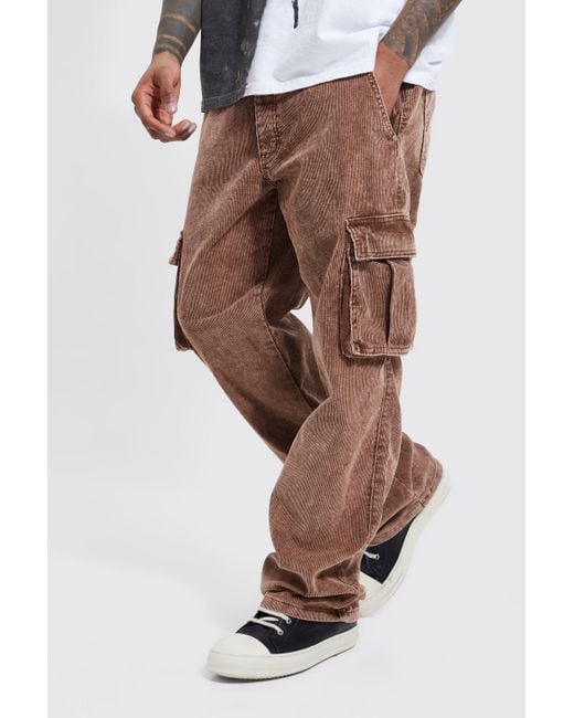 Boohoo Brown Acid Wash Relaxed Fit Cargo Trousers for men