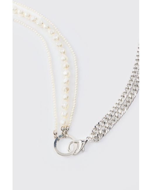 BoohooMAN Half Pearl Half Chain Necklace in White für Herren