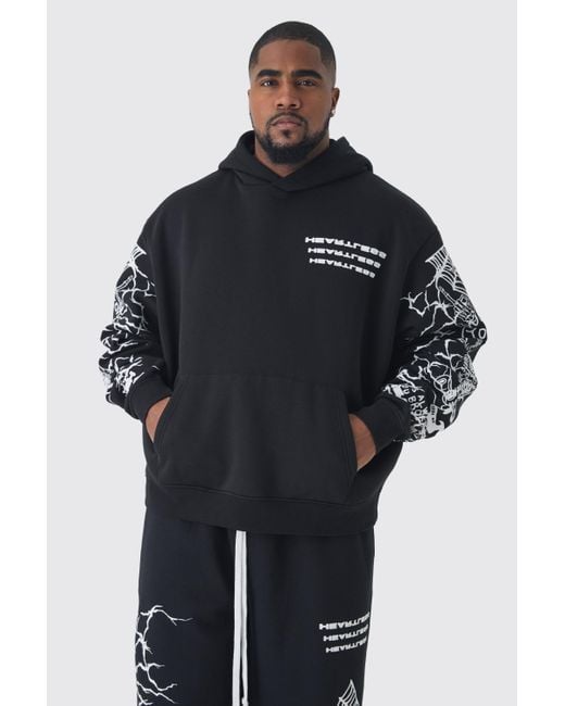 BoohooMAN Black Plus Oversized Boxy Sleeve Print Hoodie for men