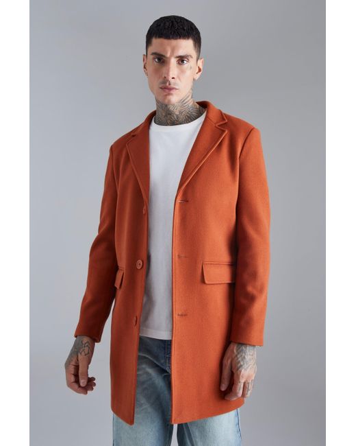 BoohooMAN Orange Single Breasted Wool Mix Overcoat for men