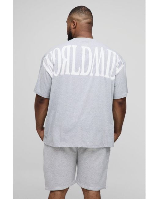 BoohooMAN White Plus Oversized Worldwide Over Seam Print T-shirt & Short Set for men